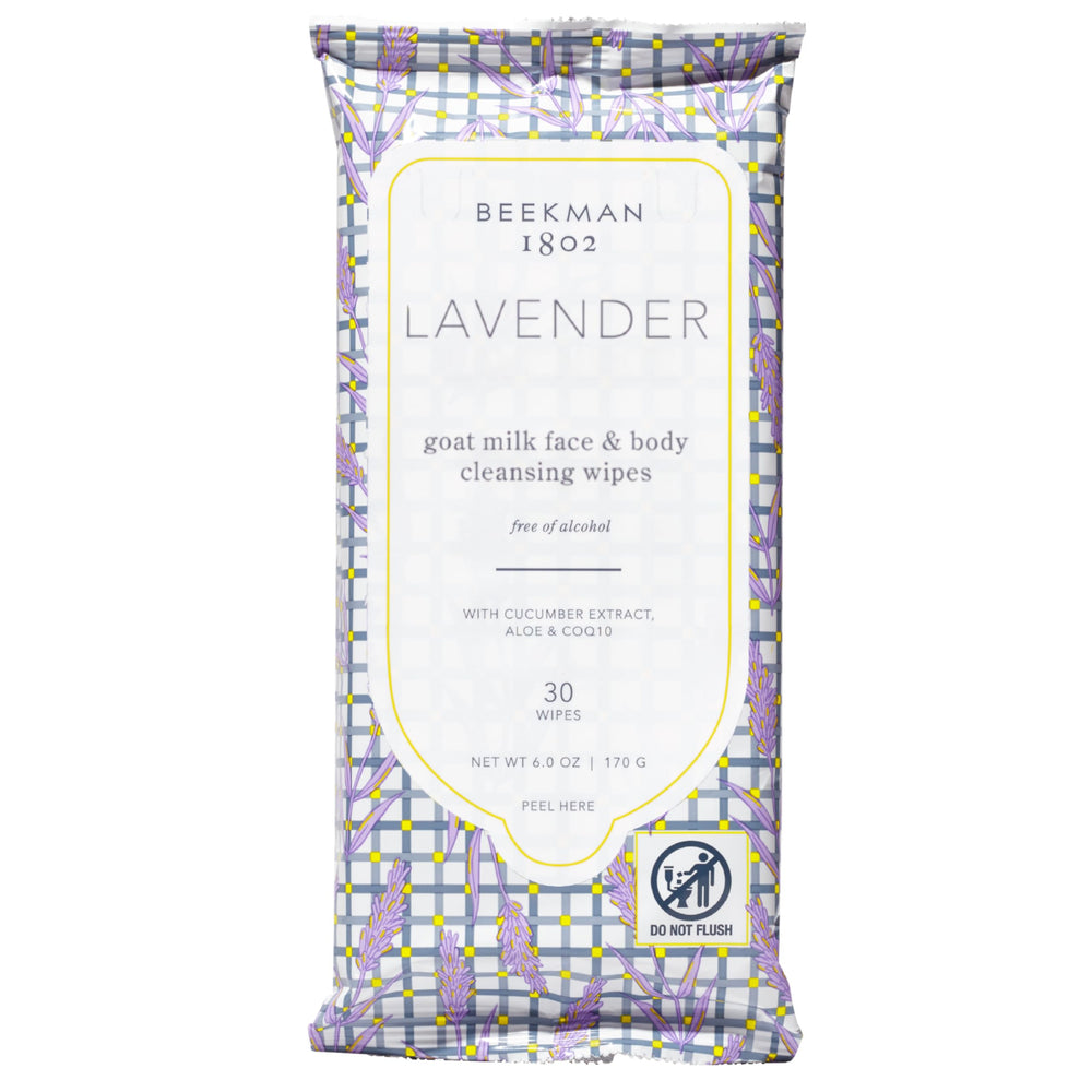 Beekman 1802 lavender face wipes packaging for on-the-go cleansing and refreshment