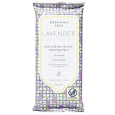 Beekman 1802 lavender face wipes packaging for on-the-go cleansing and refreshment