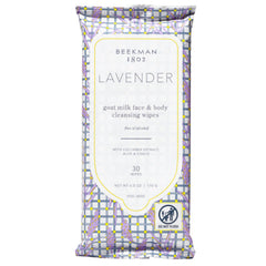 Beekman 1802 lavender face wipes packaging for on-the-go cleansing and refreshment