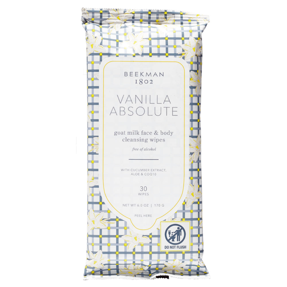 Beekman 1802 Face Wipes Vanilla Absolute pack shot for convenient cleansing on the go.