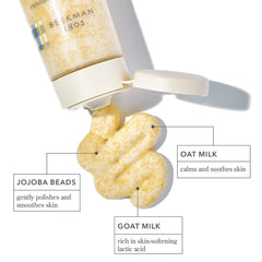 Beekman 1802 oat-goat-milk-scrub-texture-closeup reveals jojoba beads for gentle polish.