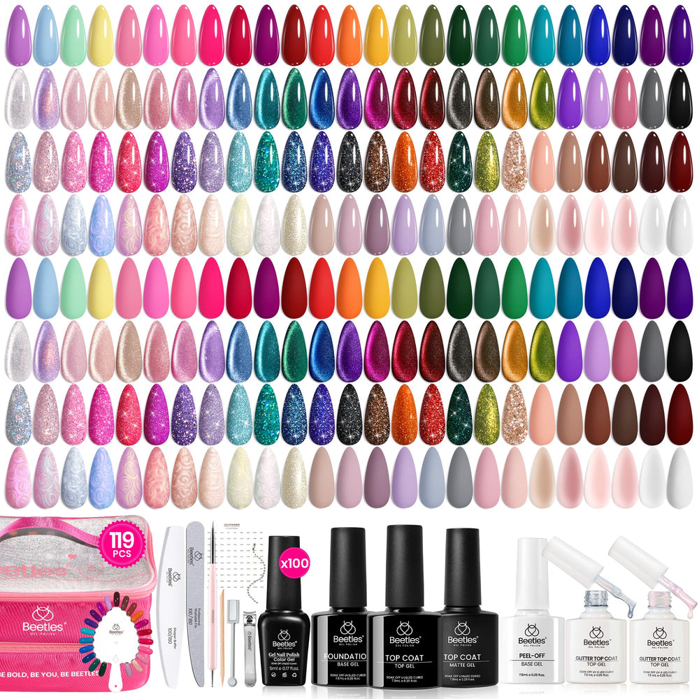 Beetles 100 Colors Gel Nail Polish Set swatch displays seasonal shades for versatile nail art.