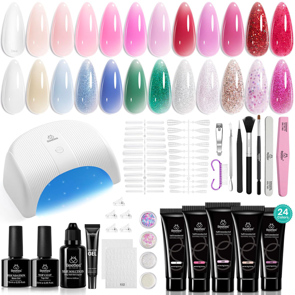 Beetles 24 colors poly extension gel nail kit at home manicure setup for DIY color perfection.