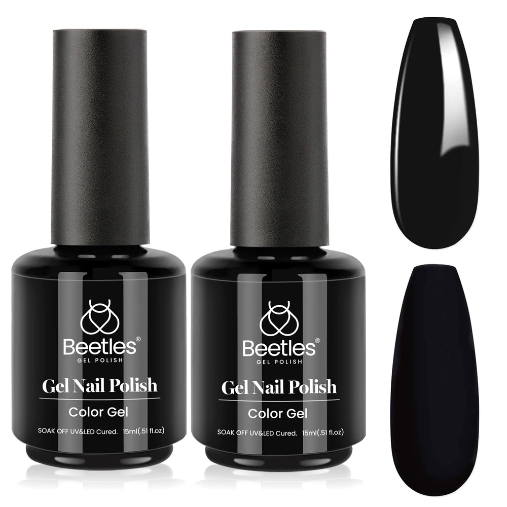 Beetles Black Winter Gel Polish 2Pcs pack shows two glossy black bottles for long wear.