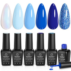 Beetles Blue Gel Nail Polish Aquarius Holy Water swatches show six winter glitter shades for elegant nails.