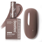 Beetles Brown Gel Nail Polish bottle shows latte shade, gentle formula for nails.