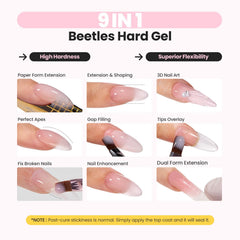 Beetles builder gel color samples show nude, clear, glitter options for versatile designs.