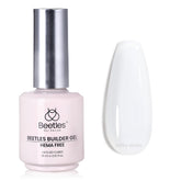Beetles Builder Gel Milky White bottle closeup for gentle, beginner-friendly nails