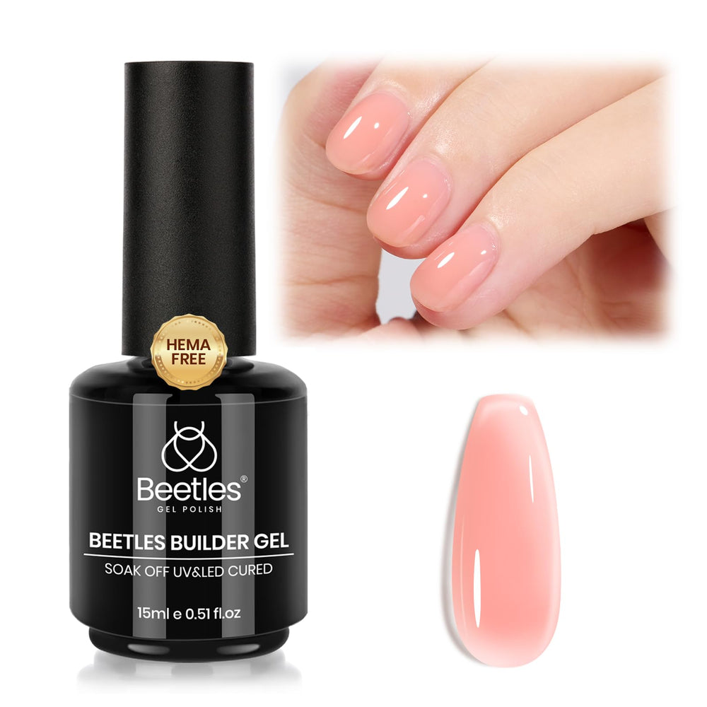 Beetles Builder Gel nude pink jelly texture on nails for natural coverage.