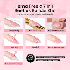 Beetles Builder Gel rosa brillo para extensión de uñas con acabado suave.