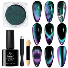 Beetles Cat Eye Chrome Powder Set jar shows rainbow chrome effect for metallic nails.