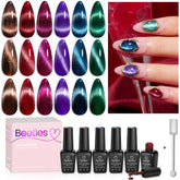 Beetles Cat Eye Gel Polish Set shows six vibrant colors for stylish nails.