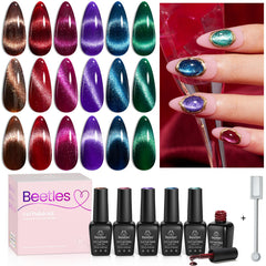 Beetles Cat Eye Gel Polish Set shows six vibrant colors for stylish nails.