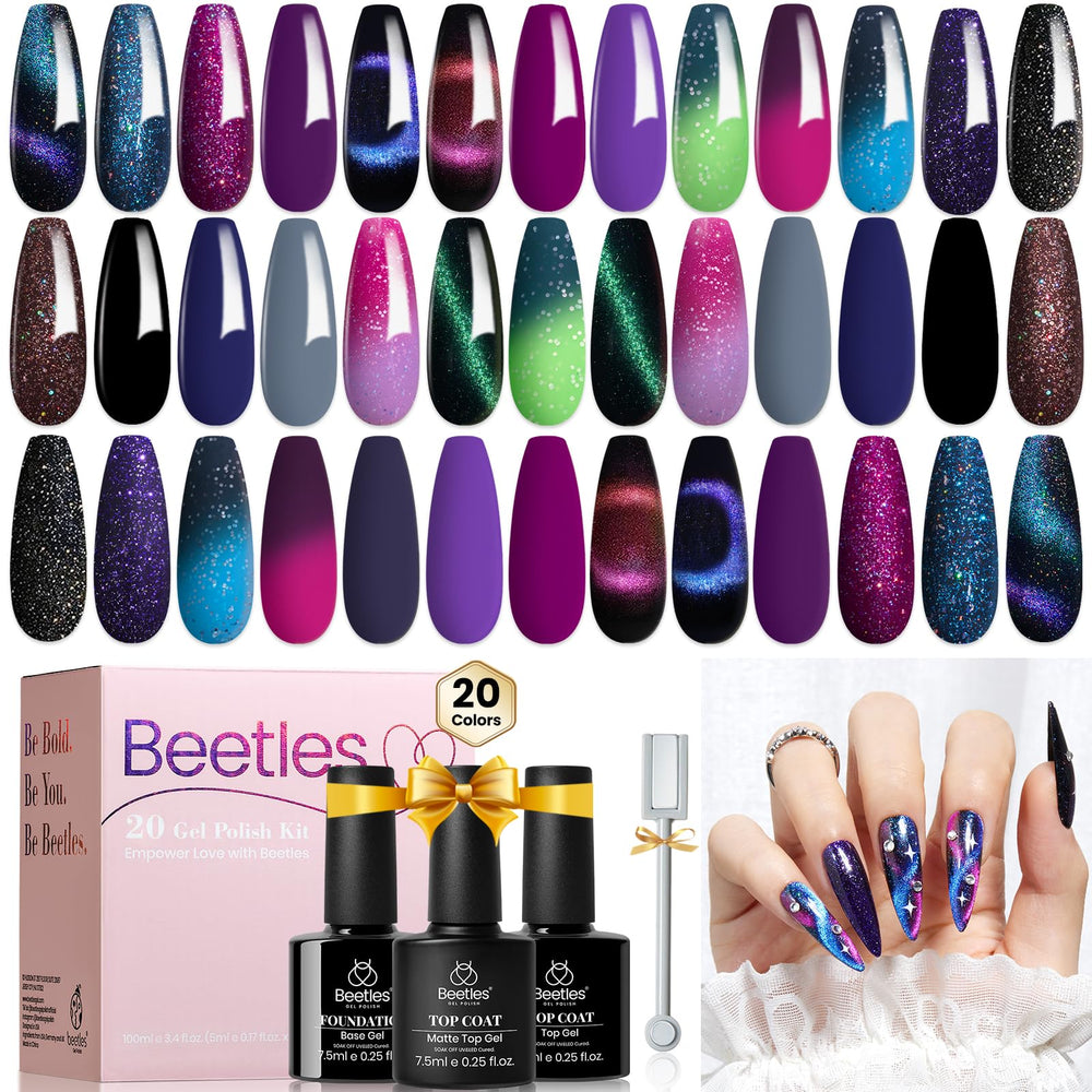 Beetles Cat Eye Gel Polish Set with 24 pieces showing colorful color-changing gels for glam nails