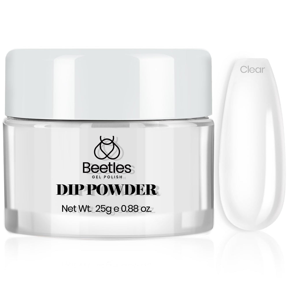 Beetles Dip Powder Clear 25g closeup shows crystal-clear finish for natural-looking nails