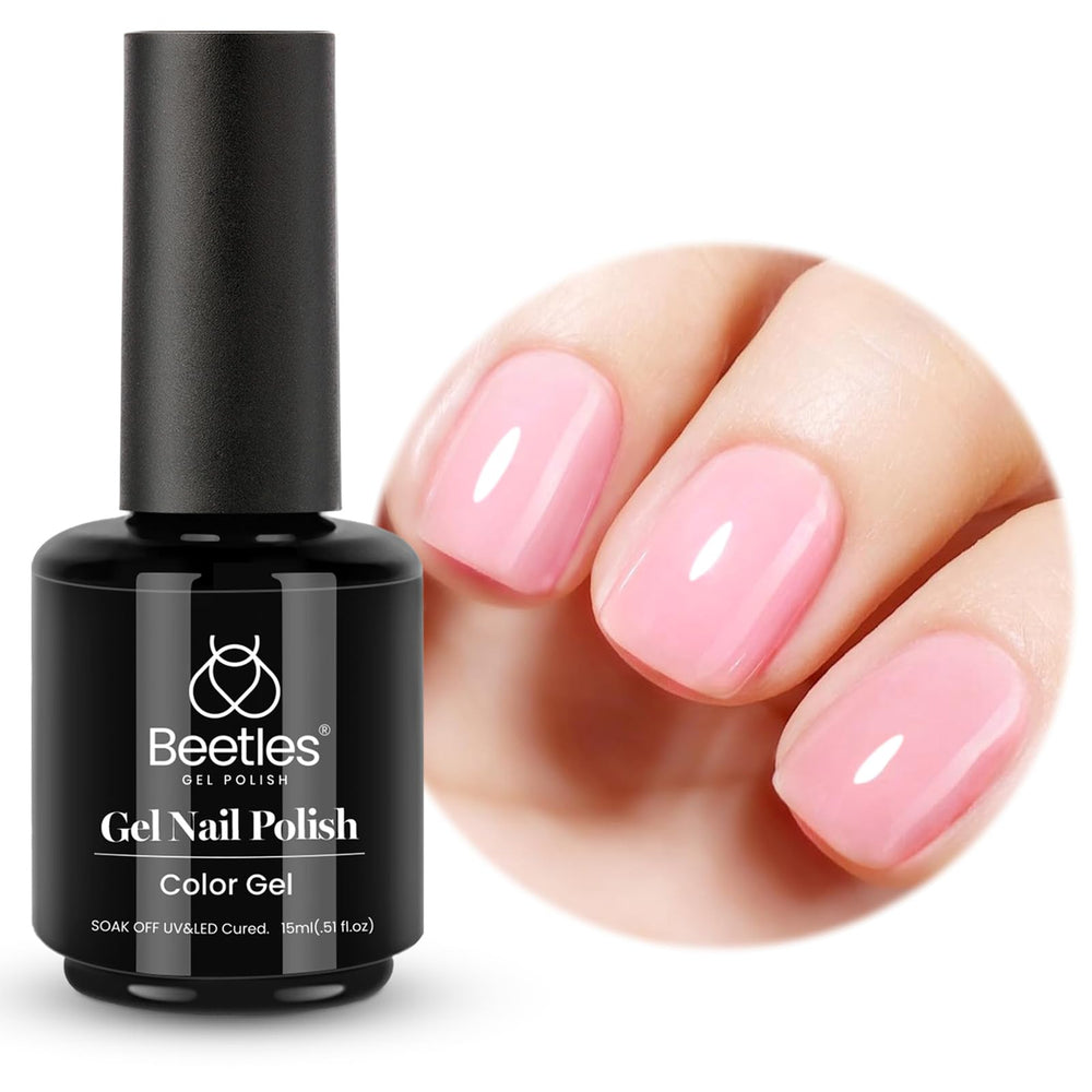 Beetles esmalte en gel rosa bebe frente a botella, acabado suave translúcido