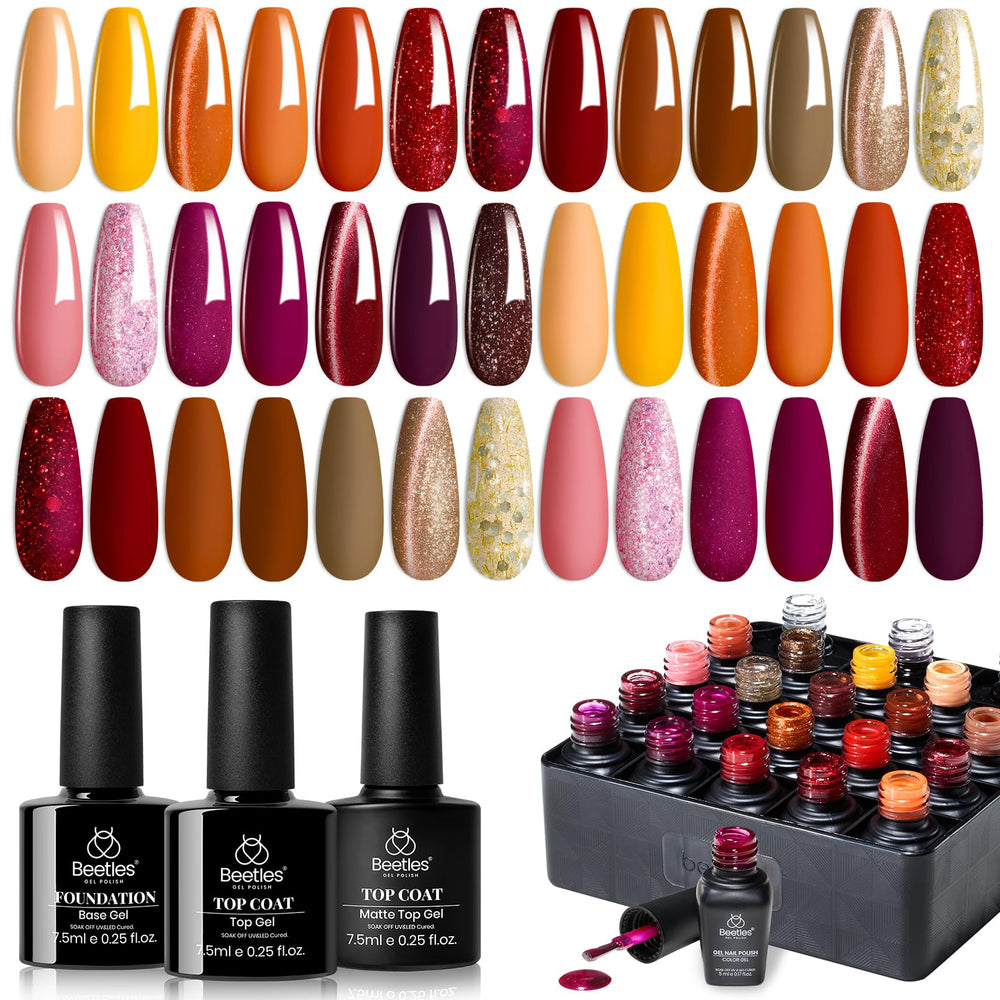Beetles Fall Gel Nail Polish Set displays all 20 shades for chic autumn nails.