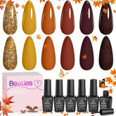 Beetles Fall Gel Nail Polish Set bottle collection showing six fall shades for versatile manicures