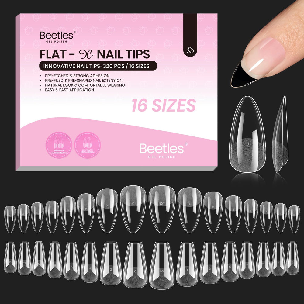 Beetles Flat-X Almond Coffin Medium front view shows full-coverage tips for a secure fit.