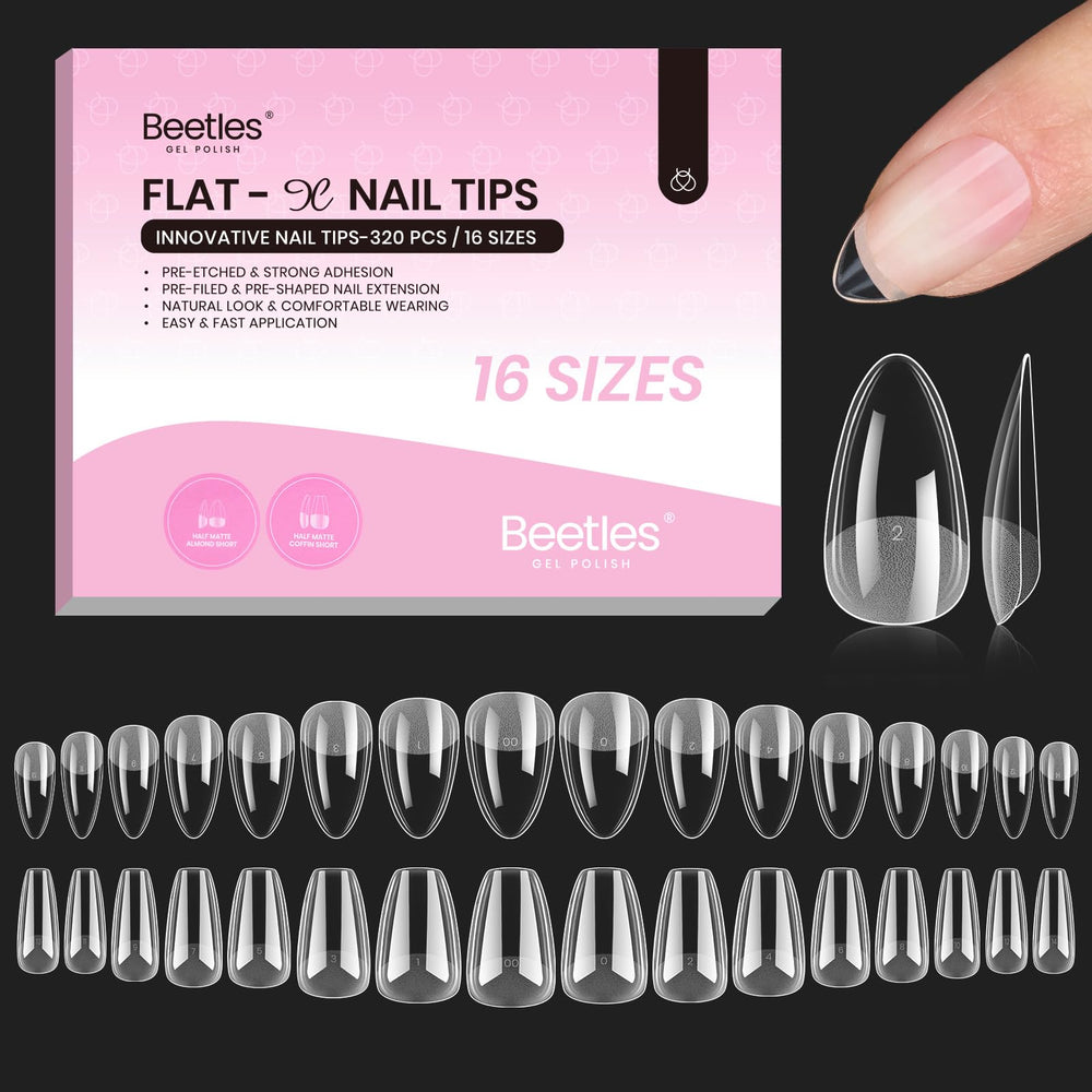 Beetles Flat-X almond coffin short tips package for precise fit on flat nails and easy DIY extensions.