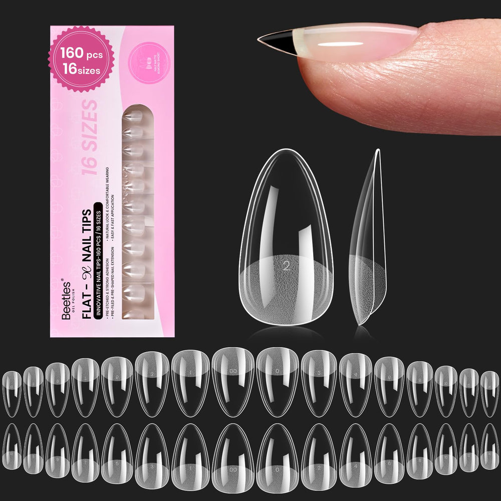 Beetles Flat-X Almond Short nail tips pre-etched for secure fit and long wear.