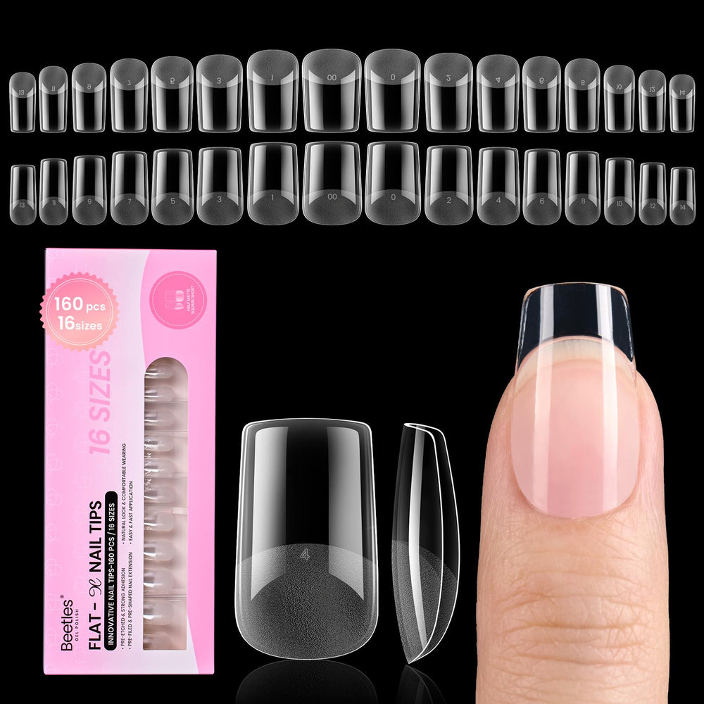 Beetles Flat-X Nail Tips packaging highlights the 160-piece kit for at-home use