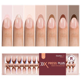Beetles French Tip press-on nails Cappuccino Mousse with cat-eye shimmer, salon-ready look.