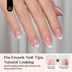 Beetles French Tips pink almond tips closeup showing durable edge design for lasting wear.