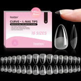 Beetles Gel Curve-EX almond tip closeup shows secure fit and elegant arch for natural nails.