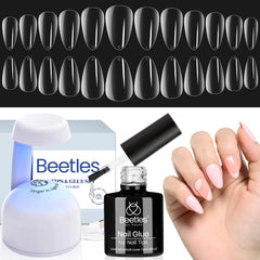 Beetles gel nail kit almond almond tips with UV lamp for quick DIY nails.