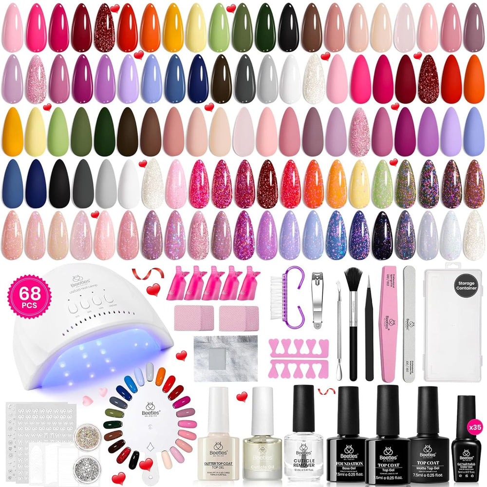Beetles Gel Nail Polish Kit Contents showcase everything included for DIY mani-pedi projects