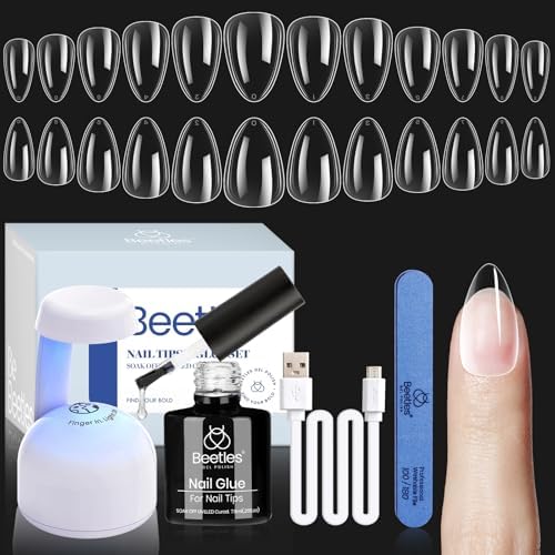 Beetles Gel Nail Kit with short almond tips for precise DIY manicure.