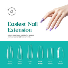 Beetles Gel Nail Tips layout showing 10 sizes with 50 tips each for precise fitting