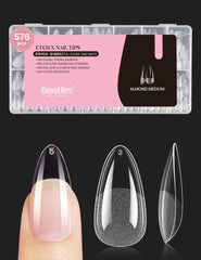 Beetles Gel Polish medium almond nail tips pack shot for clear full-cover extensions.