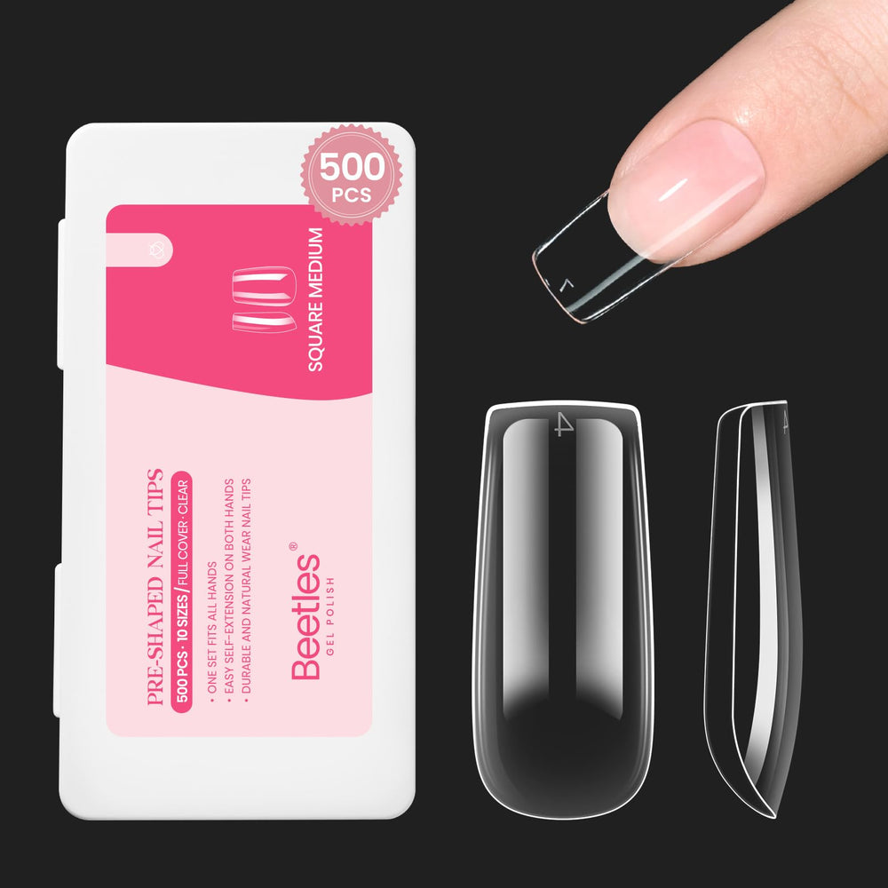 Beetles Gel Polish medium square nail tips in a 500-piece set, durable and salon-ready.
