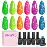 Beetles Gel Polish Neon Carnival kit flatlay highlights six glitter colors for festive nails