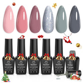 Beetles Gel Polish Set 6 Colors swatches in pink nude gray glitter for wedding nails.