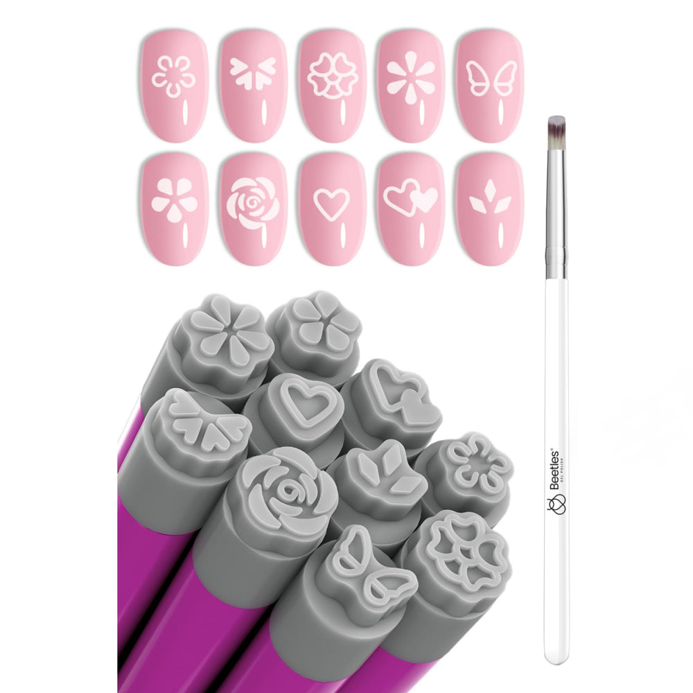 Beetles Gel Polish stamping pen with flower pattern delivers precise, spa-like nail art at home.