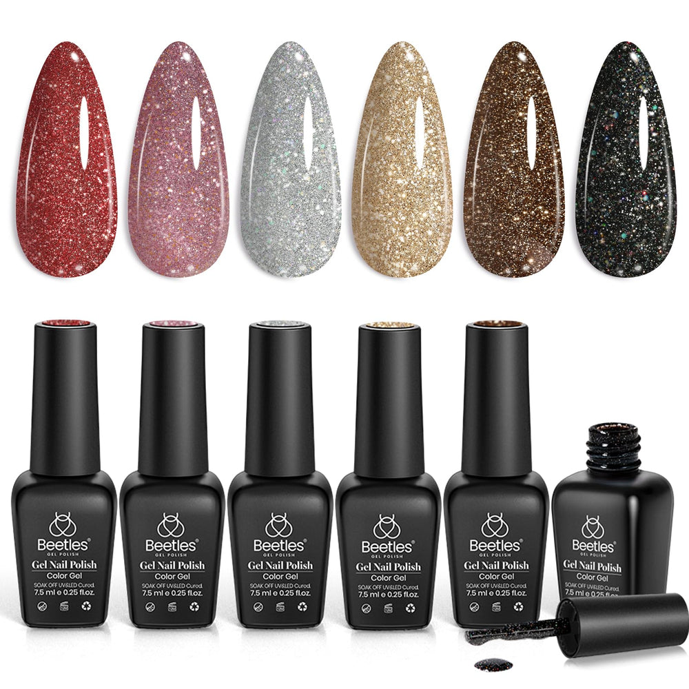 Beetles Glitter Gel Nail Polish six colors on display showing variety and sparkle