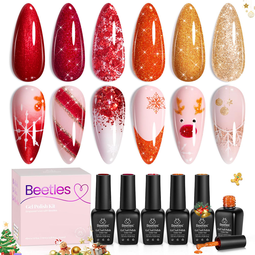Beetles Glitter Red Gel Polish cap closeup highlighting festive shimmer for holiday nails.