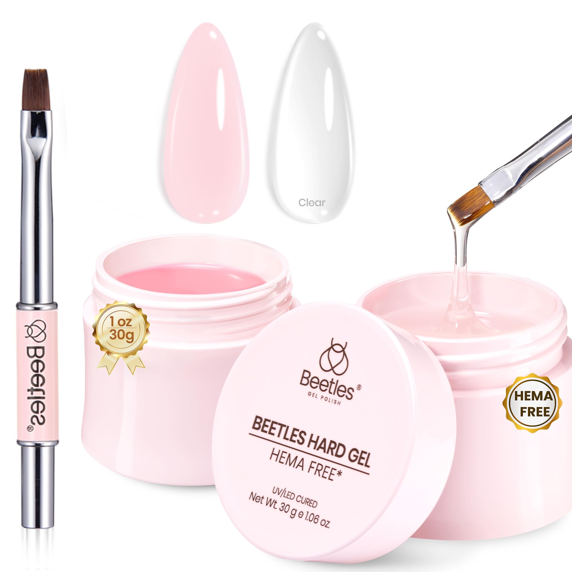 Beetles HEMA-Free Hard Gel bottle-application supports smooth, controlled nail prep with safer formulation.