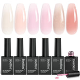 Beetles Jelly Gel Nail Polish set shows six nude pink colors for versatile looks.