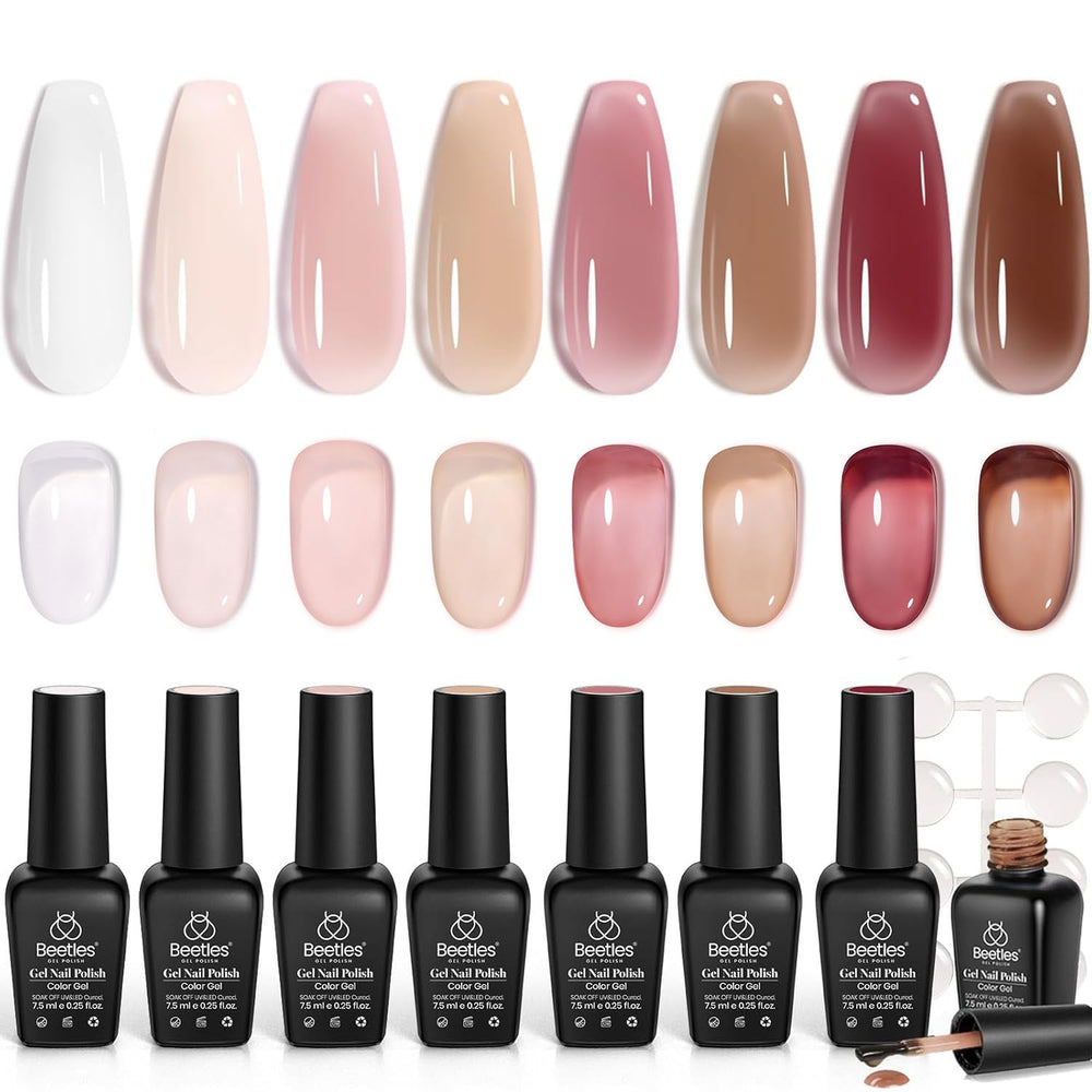 Beetles Jelly Gel Nail Polish Set with 8 nude colors bottles closeup highlighting glossy finish