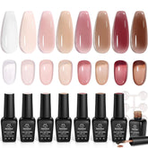 Beetles Jelly Gel Nail Polish Set with 8 nude colors bottles closeup highlighting glossy finish