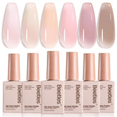 Beetles Jelly Gel Nail Polish Set color palette shows six neutral jelly shades for versatile manicures