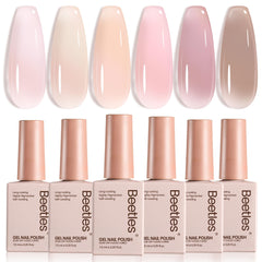 Beetles Jelly Gel Nail Polish Set color palette shows six neutral jelly shades for versatile manicures