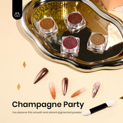 Beetles metallic chrome nail powder in champagne jar creates reflective finish for chic nails.