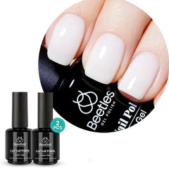 Beetles milky white jelly polish bottle shows translucent finish for natural nails.