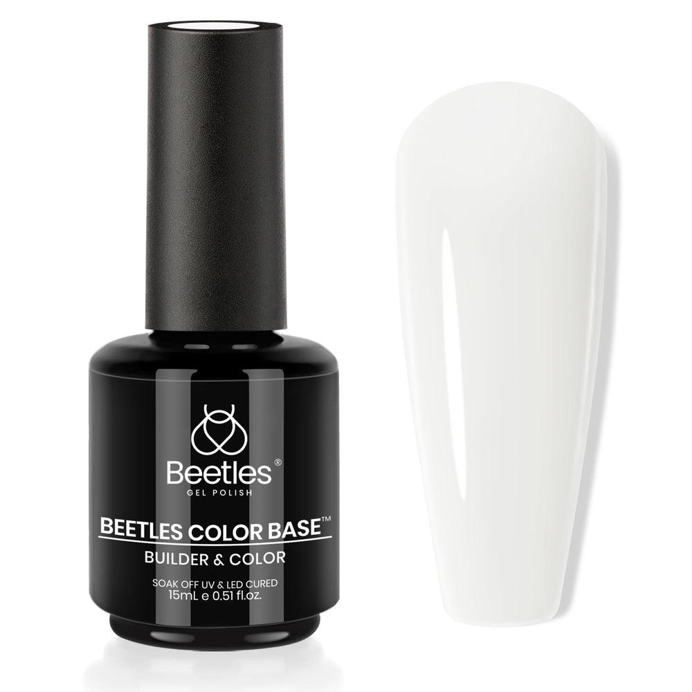 Beetles Milky White Rubber Base Gel Polish bottle front demonstrates a strong base for nails