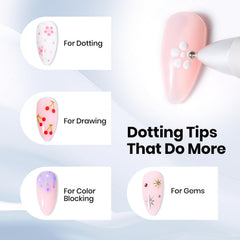 Beetles Nail Dotting Pen 4-in-1 shows dot sizes 0.8 to 2.0 mm for detail.